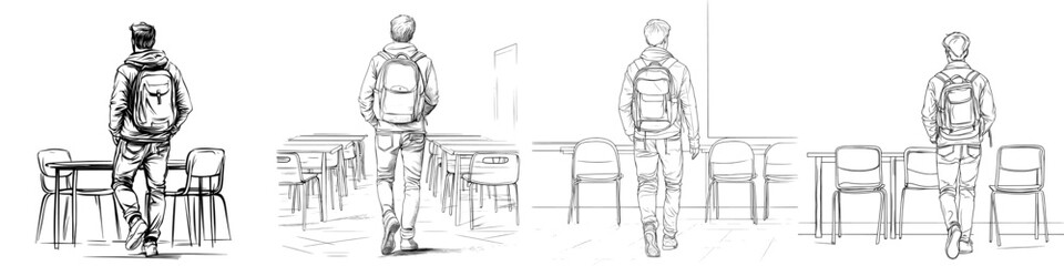 Fototapeta premium One-line drawing of a schoolboy with a backpack standing in front of an empty table, hands in pockets