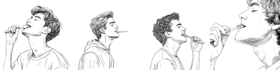 A close-up picture of a man brushing his teeth with a brush in a single line, modern drawing