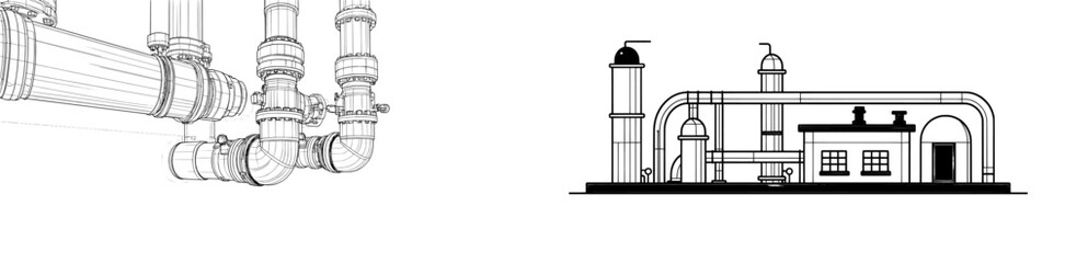 An intricate industrial piping illustration in a minimalist style with a valve © Zaleman