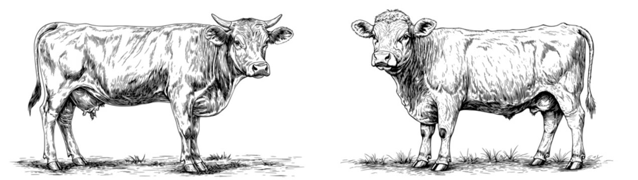 An engraving of a cow in a woodcut style with a detailed black and white sketch.