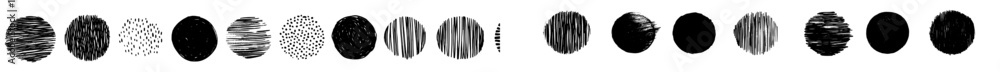 Poster black and white charcoal doodle sketches and engravings of spheres and circles with textured charcoa