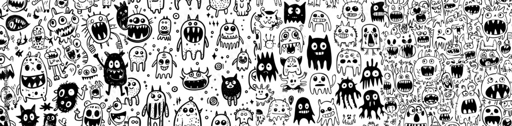 Poster the black and white seamless pattern features funny monsters and alien characters perfect for hallow