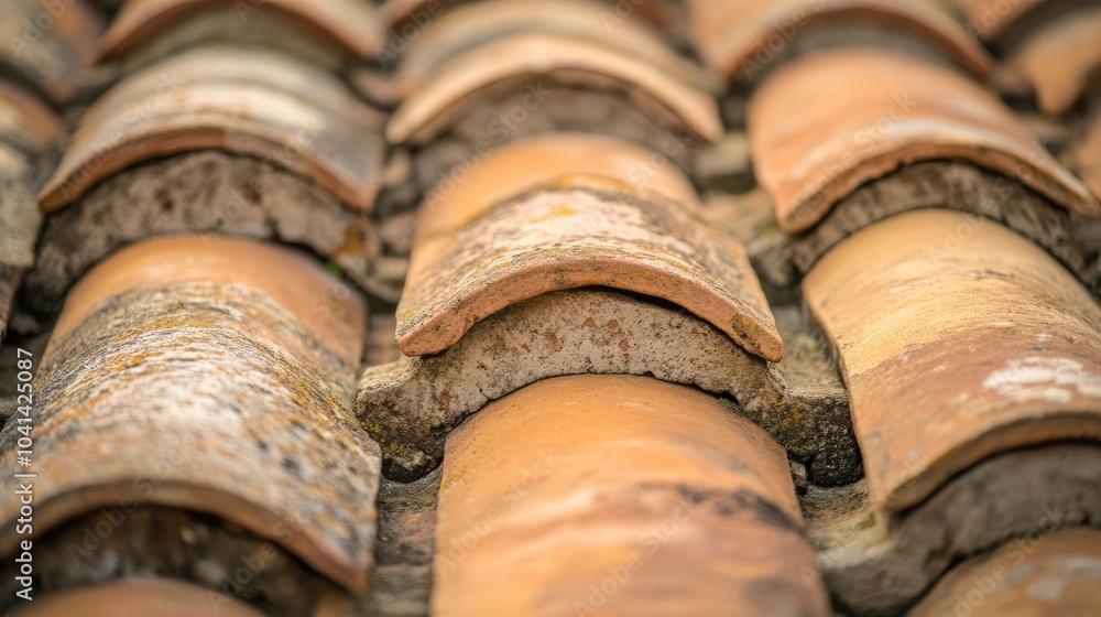 Poster rows of clay tiles on a weathered roof with a selective focus high quality image showcasing texture 