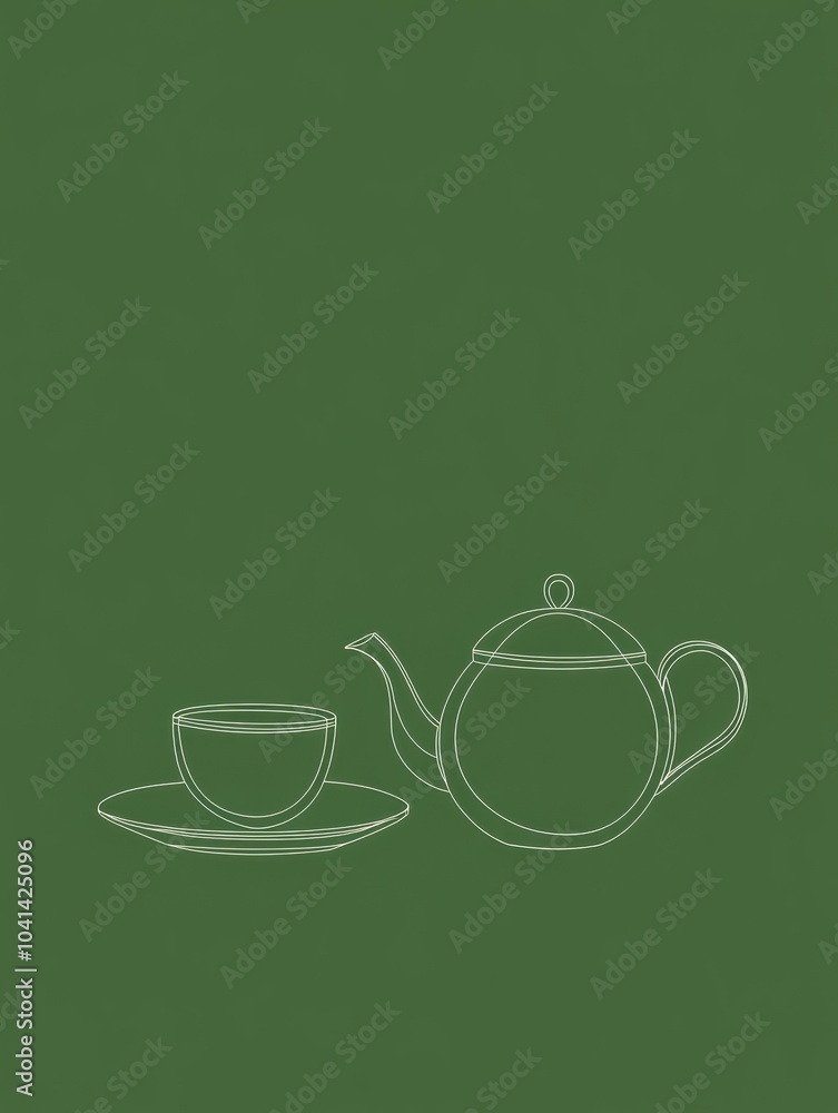 Wall mural This artwork features a minimalist line drawing of a teapot and cup, set against a soothing green background, perfect for tea lovers. Generative AI