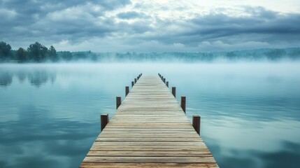 Fototapeta premium Wooden dock stretching into a serene misty lake beneath a cloudy sky Close up view