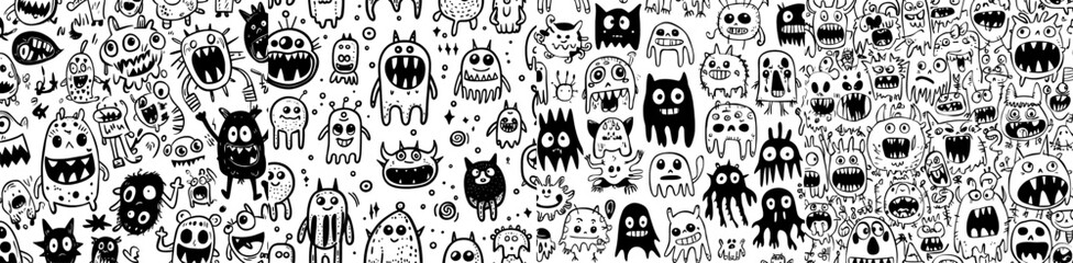 The black and white seamless pattern features funny monsters and alien characters perfect for Halloween-themed textile designs, digital scrapbooking, and monochrome wrappings.