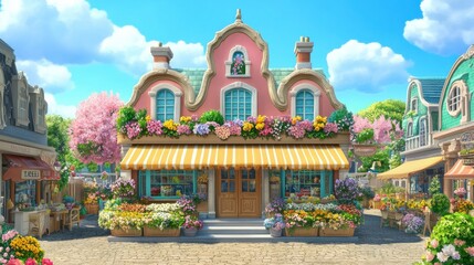 Fototapeta premium Charming Bakery with Flower Boxes in a Parisian Style