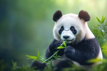 Gentle giant panda munching on bamboo shoots. 