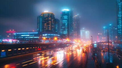 Fototapeta premium Majestic urban night view, tall buildings glowing with colorful lights, fog creeping through the streets, reflecting a dynamic city life in a moody ambiance