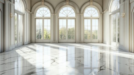 Fototapeta premium Elegant gallery interior featuring marble flooring and large windows characterized by a Renaissance style reminiscent of luxurious French mansions