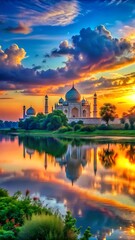 Fototapeta premium Majestic Taj Mahal at sunset, vibrant orange and blue sky, dramatic clouds, reflective water