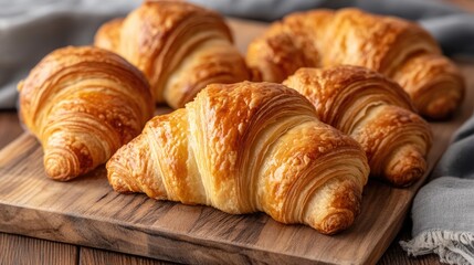 Fototapeta premium Freshly baked French butter croissants arranged on a wooden board