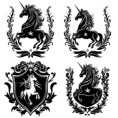 Obraz premium Illustrations of modern unicorns in black and white, ideal for logo design and branding