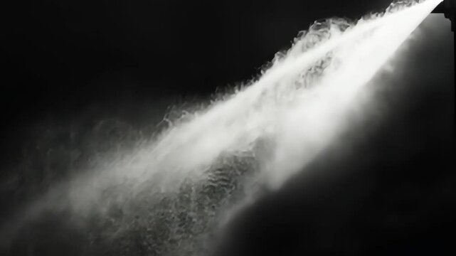 A stream of white mist shoots out of a nozzle in the dark