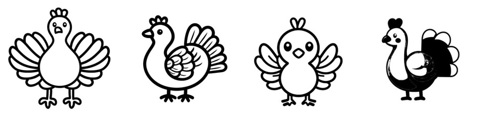 An illustration of a turkey's body shape and feathers in black and white.