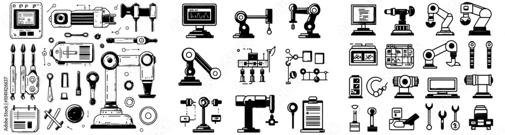 Poster doodle icons set for automation engineers. sketch line art iron solder soldering electronic microcir