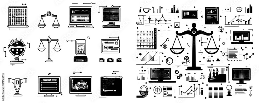 Leinwandbilder Stock systems doodle icons set modern. Binary code, robot, digital brain, and robotic arm color illustrations.