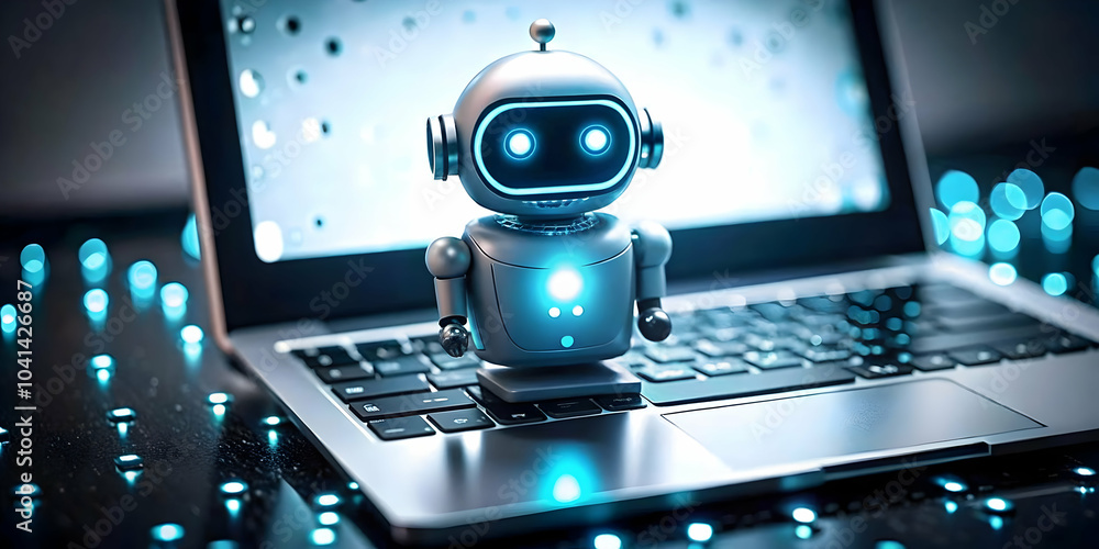 Poster ai chatbot emerging from laptop screen plain background online customer support integration ample co