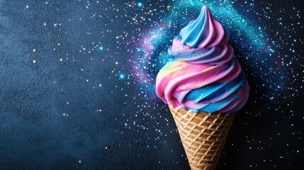 An ice cream cone with swirls of colorful cosmic dust and shimmering stars, resembling a galaxy for a unique artisanal treat.