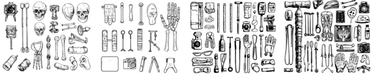 The fracture accident doodle icons set includes sketch line art of bone and hand, leg and skull fractures, medical treatment equipment, and rehabilitation tools in color.