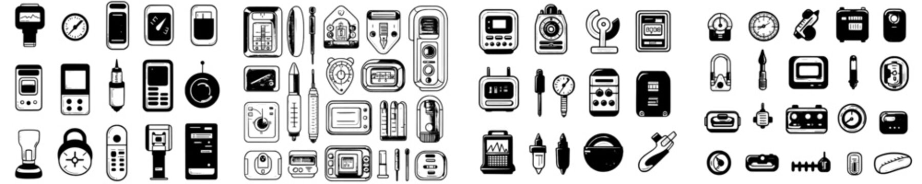 Doodle icons of measuring equipment, temperature, weight, distance, and pH gadgets. Color illustrations of accelerometers and planimeters.