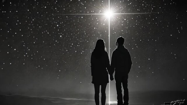 A couple stands hand-in-hand under a night sky filled with stars, gazing at a bright star in the distance