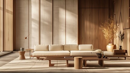 Minimalist, japandi interior design of modern living room - an elegant and serene space. This modern living room showcases a minimalist Japandi interior design, with clean lines and a harmonious blend