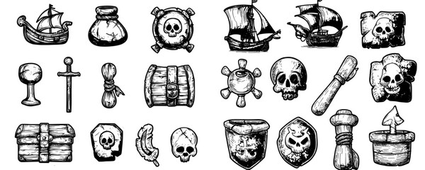 Obraz premium A set of modern pirate sea robber doodle icons. A sketch line art pirate ship floating in the ocean while a flag is flying, a hat and compass are on the ship, a weapon and a saber are on the ship, as