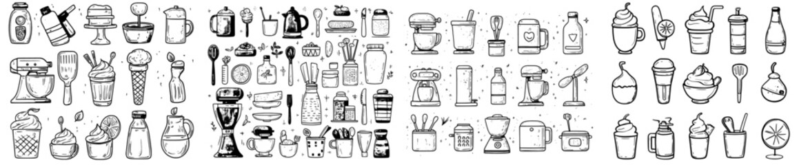 Bartender accessory doodle icons set. Sketch line art spoon, grater, juicer, icebreaker, cocktail shaker, and jiggers bartender tools color illustrations.