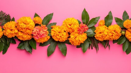 Fototapeta premium Traditional floral garland made of marigold flowers and mango leaves against a vibrant pink background Ideal decoration for festive celebrations weddings or cultural events
