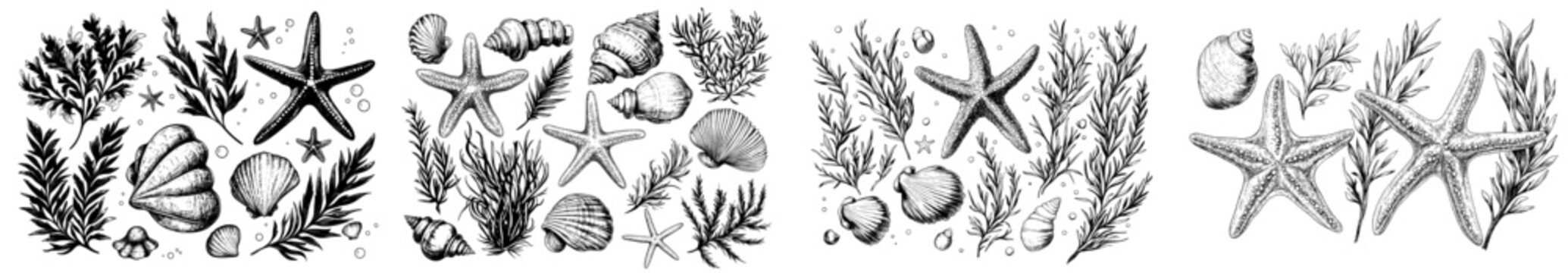 An underwater world clipart illustration with starfishes, shells, coral and algae. Hand drawn watercolor illustration. Algae isolated from the background.