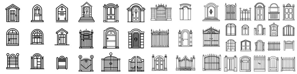 Set of modern gate icons. Signs with Wicket illustration. Symbol for a fence.