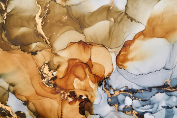 Fototapeta premium Snaking rivers of metallic gold weave through vibrant interplay of soft and bold tones. Movement and balance in nature, crafted in the fluid ink technique to create seamless transitions rich texture