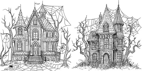 Illustration of haunted house, cursed trees and spider web for Halloween. Black and white graphic illustration. Hand drawn outline, engraved doodle.