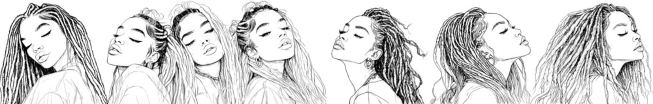 Black and white sketch of a woman with dreadlocks