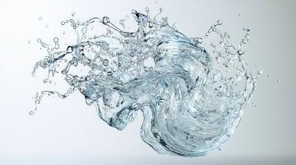 Aqua sculpture with suspended droplets and swirling water, elegantly frozen against a clean, white background, showcasing fluid motion.
