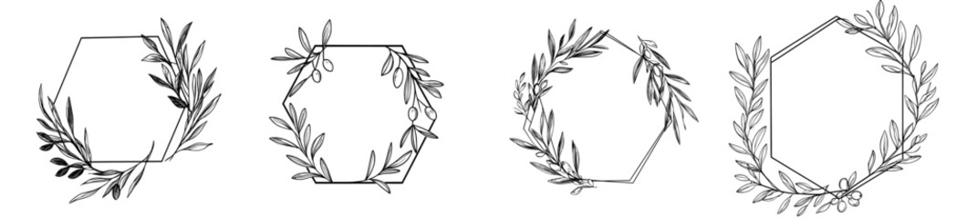 Obraz premium Polygonal Olive Frame. Hand drawn Olive Branches and Fruits. Illustration for logos and stationery.
