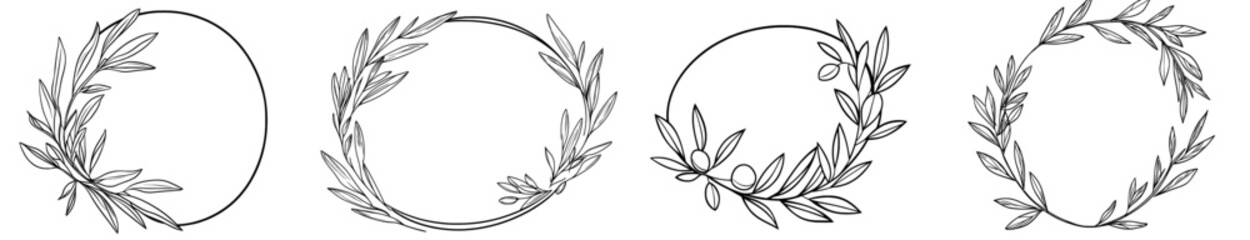 The olive oval frame, wreath with olive branches and fruits has been isolated on white background. This modern illustration would be perfect for wedding invitations, save the dates, and greeting