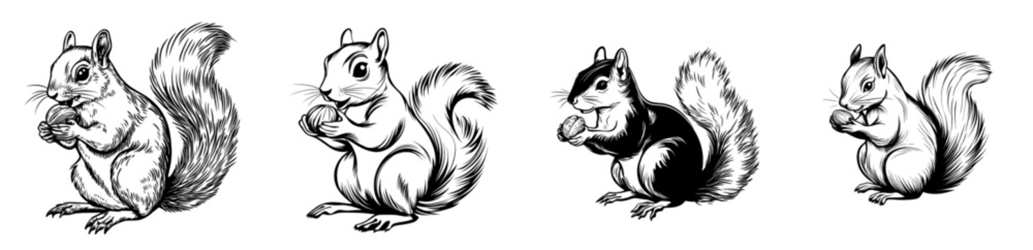 Against a white background, a squirrel eats a nut in profile