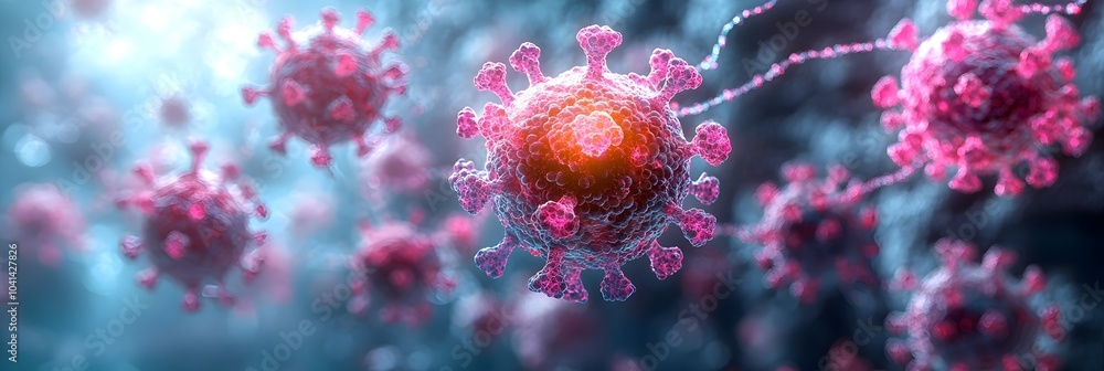 Poster microscopic 3d rendering of the coronavirus covid-19 structure,depicting the spherical shape,red and