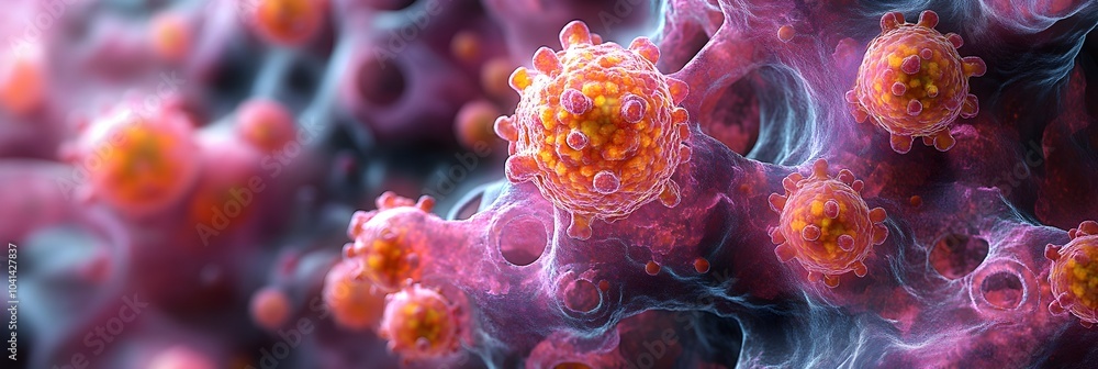 Aufkleber Microscopic View of Viral Cells and Molecular Structures During Pandemic Outbreak. Close-up microscopic image showing the detailed structure and composition of viral cells and particles.