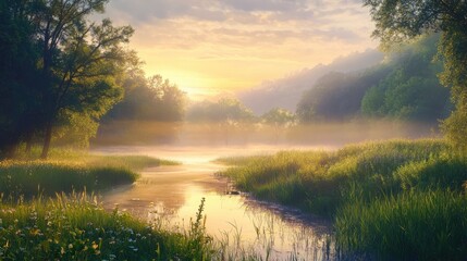 Fototapeta premium Nature s Awakening A captivating view of a vibrant landscape bathed in morning light showcasing the uplifting effects of outdoor exposure on mood and well being