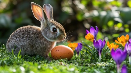 Easter bunny beside an egg on a bed of green grass and vibrant orange crocus flowers Featuring purple green and yellow blooms of spring