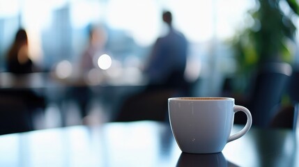 A coffee cup sits on a conference room table while business professionals engage in discussions their figures softly blurred against a lively corporate office setting