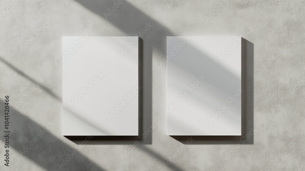 Aufkleber two blank white vertical and horizontal poster mockups with soft shadows on a textured light grey ba