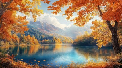 Obraz premium Autumn vista featuring a serene lake surrounded by vibrant foliage A picturesque forest landscape adorned with golden leaves during the colorful fall season