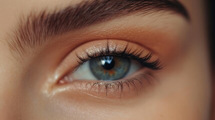 Fototapeta premium Beautiful close-up of a female eye, showing soft, natural makeup with defined brows and lashes for a clean, elegant beauty look.