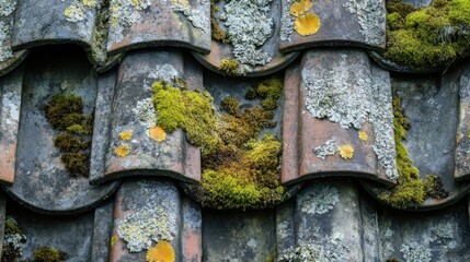Close up of weathered roof tiles featuring moss and lichen highlighting the beauty of natural aging