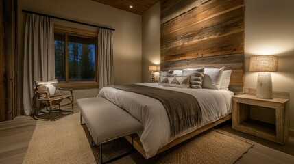 Bedroom with soft warm lighting highlighting comfortable furnishings, blending modern design with rustic accents, creating an inviting atmosphere.