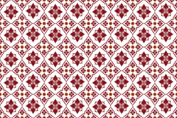 Fototapeta premium Vector seamless ikat pattern with red flowers